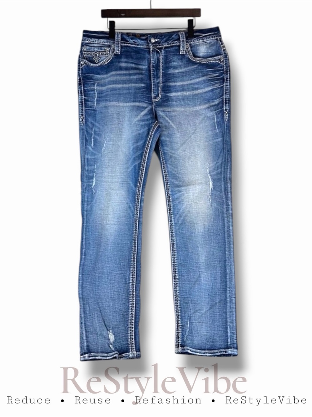 ROCK REVIVAL Women’s Size 36 Denim Jeans Easy Straight Fit Vien Stretch Bling